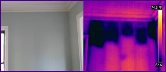 Infrared thermal scan revealing insulation gaps along a building envelope
